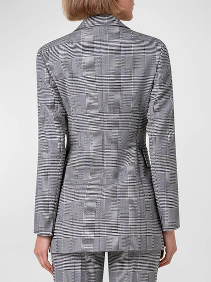 A person wearing an Akris Punto Blurred Glencheck Long Blazer in Black/Cream is shown from the back. The blazer has a fitted waist and long sleeves.