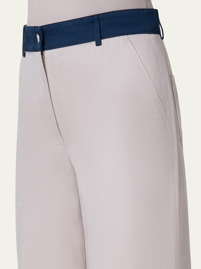 A woman's Akris Punto Chiara Colorblock Wide Leg Crop Pants in Beige/Navy/Orange with a blue belt.