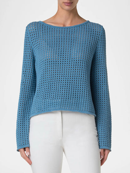 Akris Punto Chunky Cotton Mesh Boatneck Sweater in Medium Blue