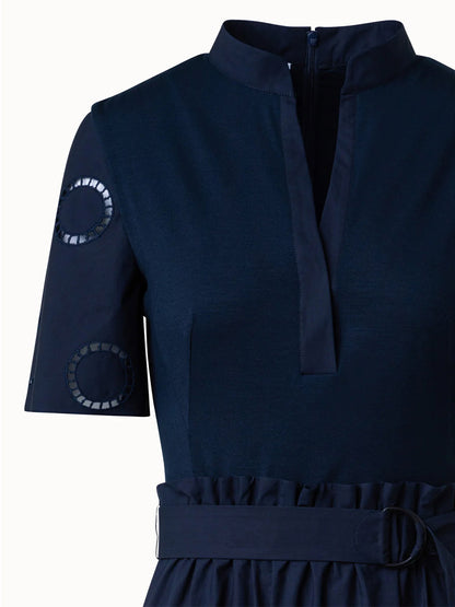 Navy blue Akris Punto Fit and Flare Midi Shirt Dress with Circle Eyelets.
