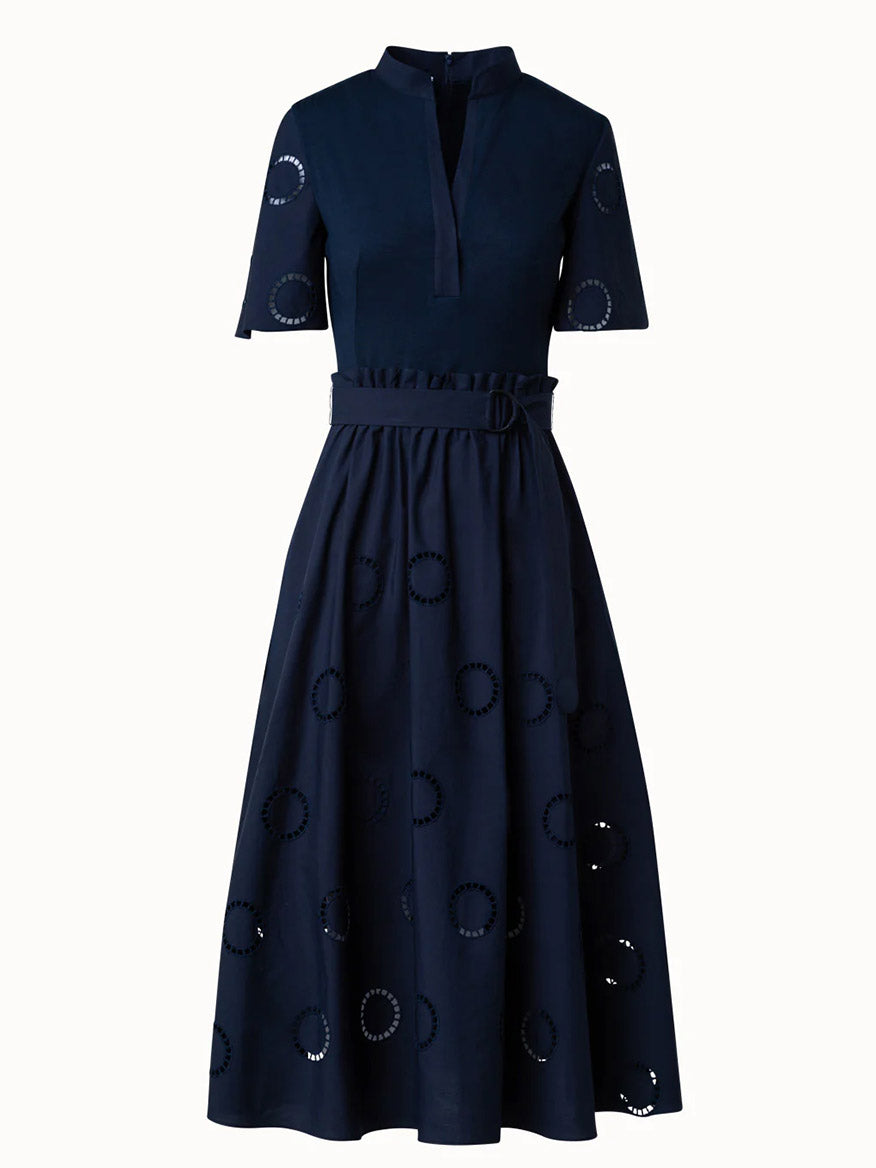 Akris Punto Fit and Flare Midi Shirt Dress with Circle Eyelets in Navy blue.