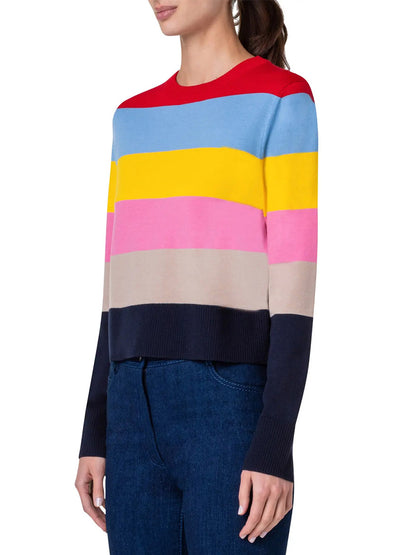 Person wearing an Akris Punto Colorblock Stripe Crewneck Sweater in Multicolor, paired with dark blue jeans.