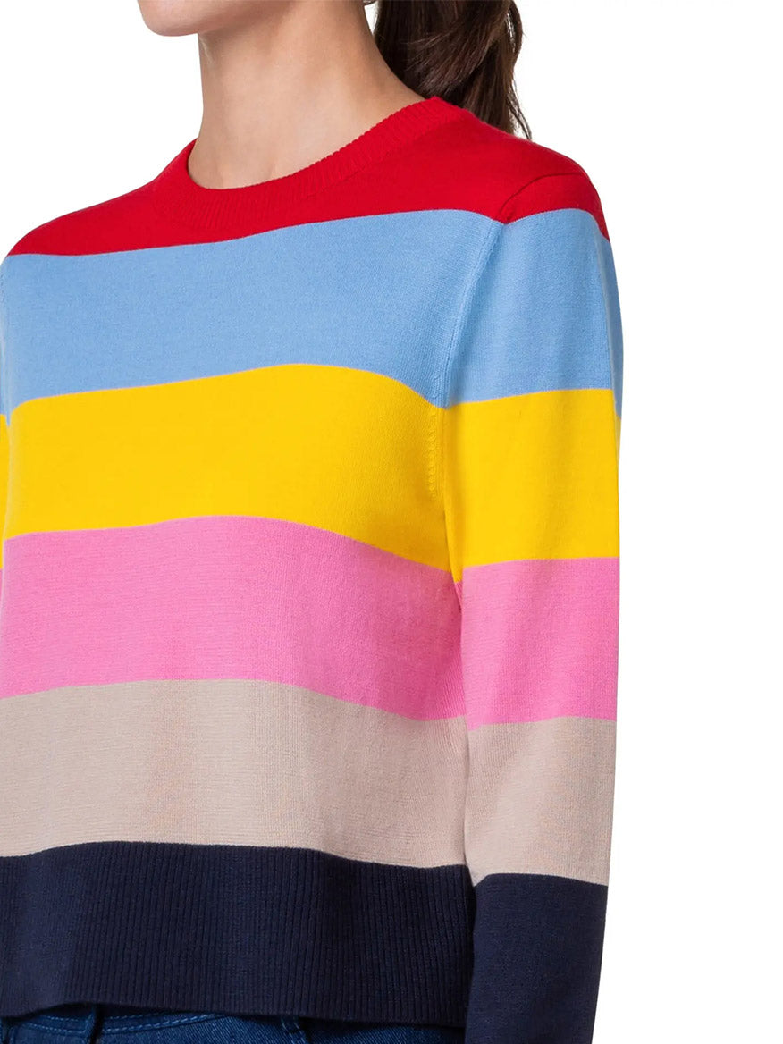 Person wearing an Akris Punto Colorblock Stripe Crewneck Sweater in Multicolor. Only the upper torso and part of the head are visible.