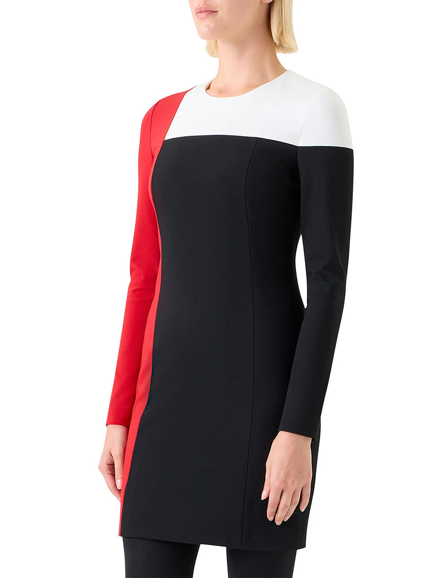A woman wears the Akris Punto Signature Stretch Colorblock Shift Dress in Black/Cream/Vermillion, standing against a plain background.