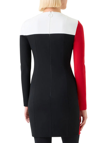 A person with short blonde hair is shown from the back wearing the Akris Punto Signature Stretch Colorblock Shift Dress in Black/Cream/Vermillion.