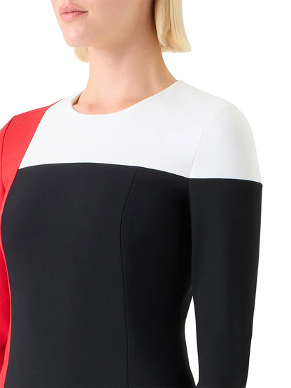 Person wearing the Akris Punto Signature Stretch Colorblock Shift Dress in Black/Cream/Vermillion; only upper torso and part of face are visible.
