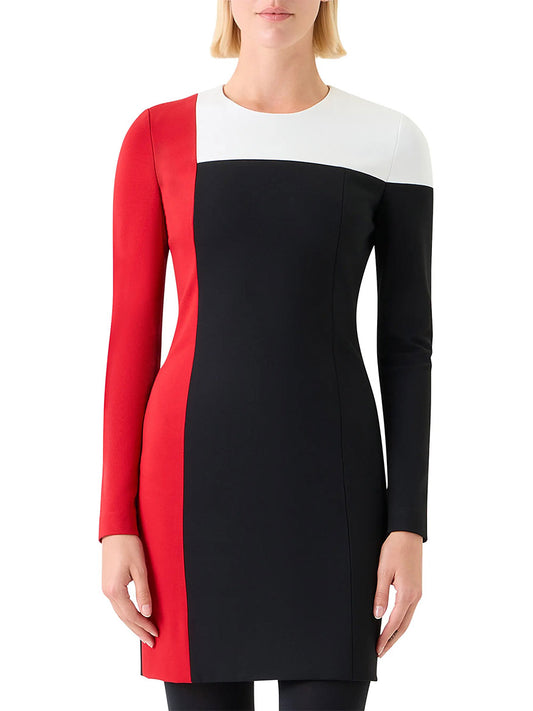 A woman stands with arms relaxed by her sides in an Akris Punto Signature Stretch Colorblock Shift Dress in Black/Cream/Vermillion.