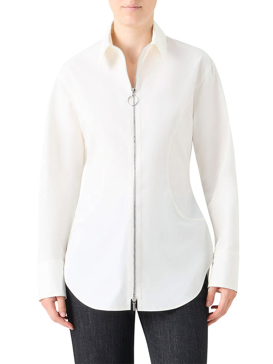 A person wearing the Akris Punto Poplin Cotton Cinched Waist Shirt in cream with dark pants, shown from the waist up.