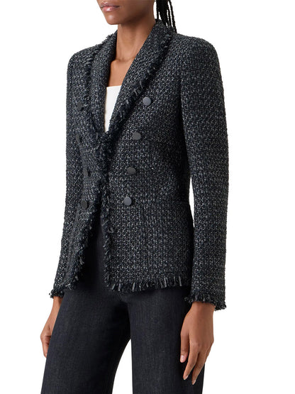 A person wears the Akris Punto Double-Breasted Fringed Tweed Jacket in Black/Stone with black pants and a white top.