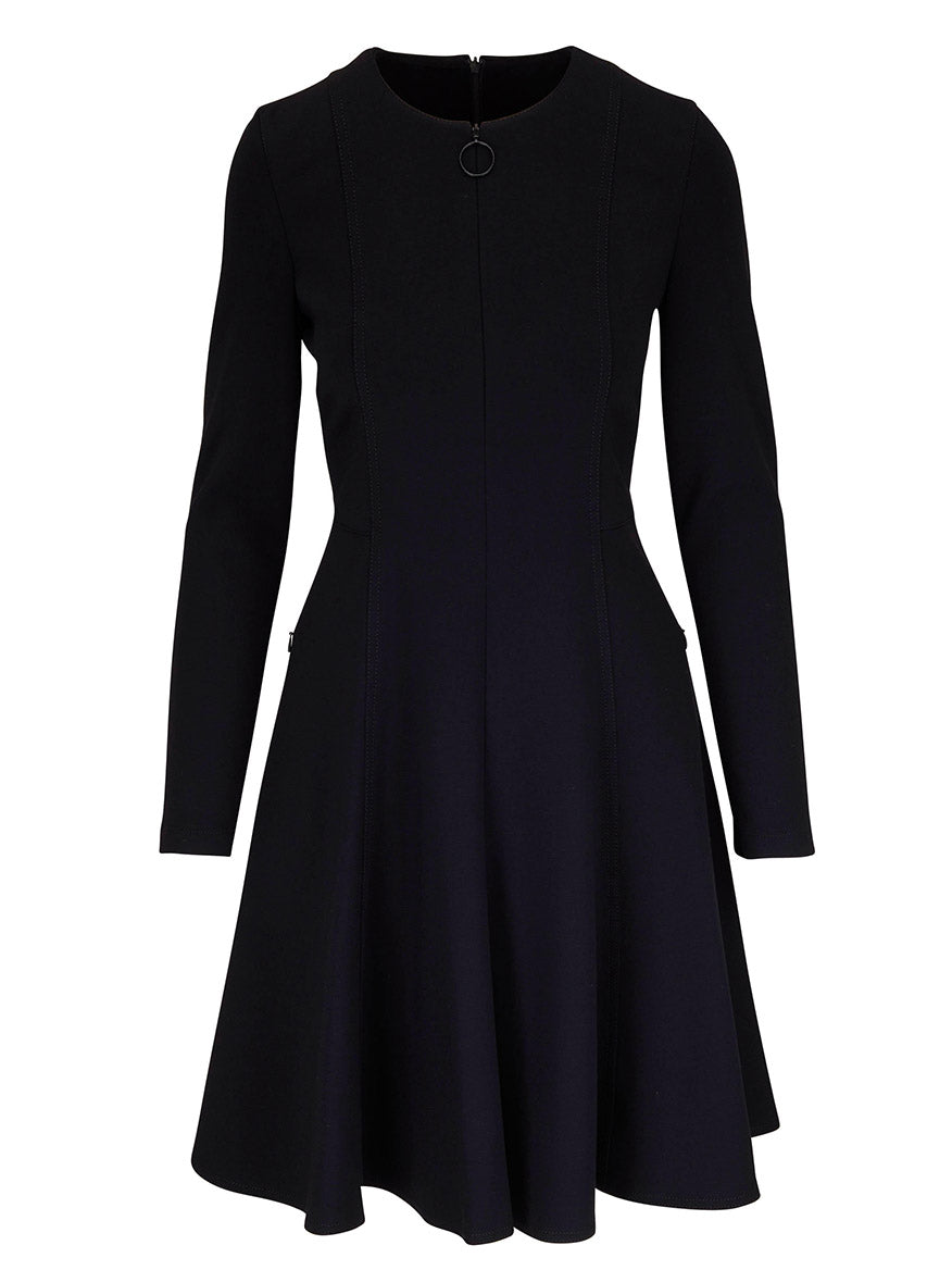 An Akris Punto Elements Long Sleeve Fit & Flare Dress in black with a long sleeve and signature dot motif.