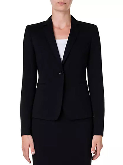 A woman wearing an Akris Punto Elements One-Button Jersey Blazer in Black.