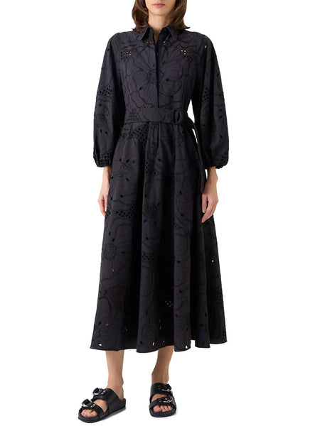 Flower Eyelet Embroidered Midi Dress in Black