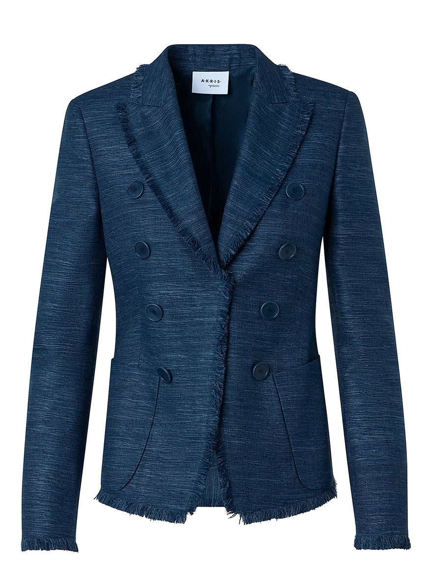 The Akris Punto Fringed Indian Silk Double-Breasted Jacket in Blue features textured silk, frayed edges, six front buttons, two front pockets, and a notched lapel.