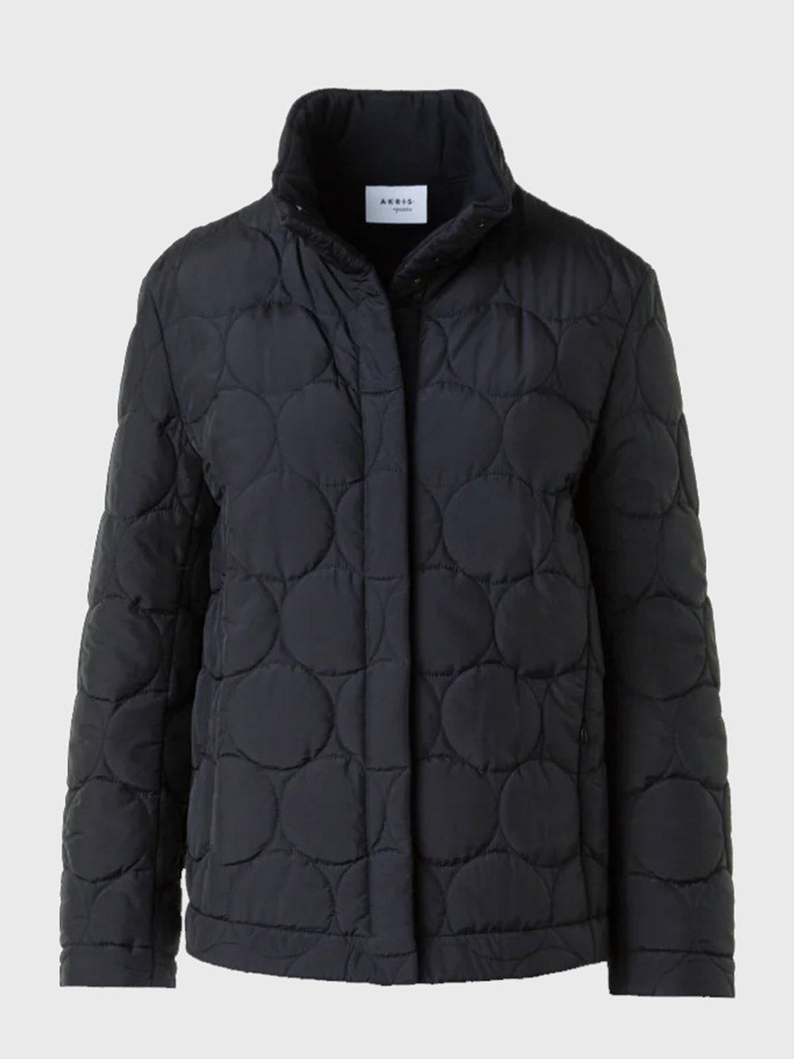 The Akris Punto Glencheck 2-in-1 Car Coat in Black/Cream/Vermillion features a boxy silhouette with circular stitching, a stand-up collar, and front snap closure, shown here against a light gray background.