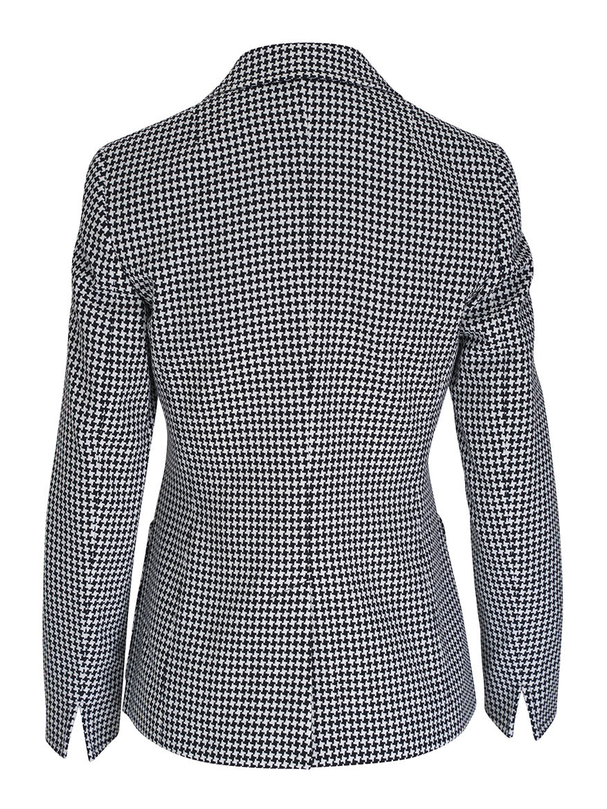 Rear view of the Akris Punto Houndstooth 2-Button Jacket in Black/Cream with long sleeves, notch lapels, and a fitted silhouette. The black and white pattern features a classic, small houndstooth design.