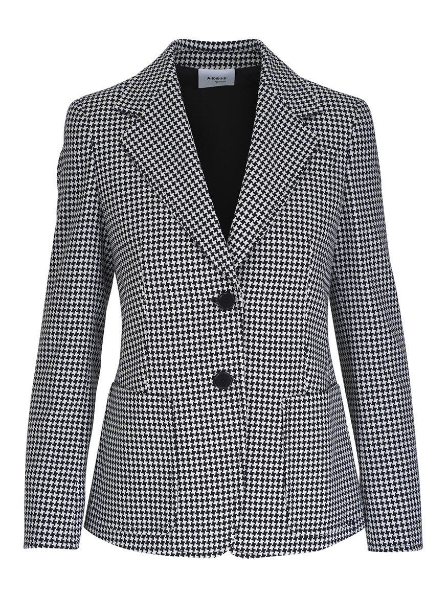 A black and white Akris Punto Houndstooth 2-Button Jacket in Black/Cream with two buttons, featuring notch lapels and long sleeves.