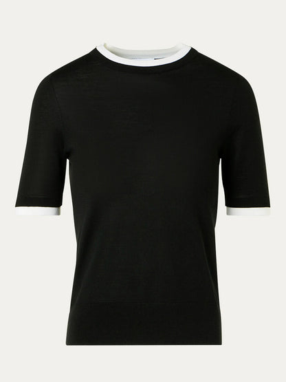 The Akris Punto Layered Short-Sleeve Knit Sweater in Black/Cream features cream ribbed trim at the collar and sleeve cuffs, showcased on a simple background.