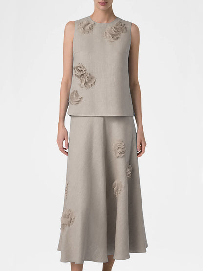 Akris Punto Raw Linen 3D Carnation Midi Skirt in Chalk