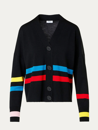 The Akris Punto Striped Merino Knit Cardigan in Black Multi features bold blue and red colorblock stripes, a yellow stripe on the left sleeve, and a pink cuff on the right sleeve.