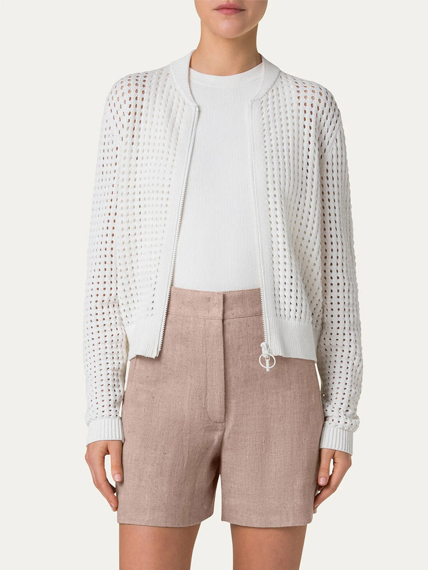 Akris Punto Chunky Mesh Bomber Cardigan in Cream