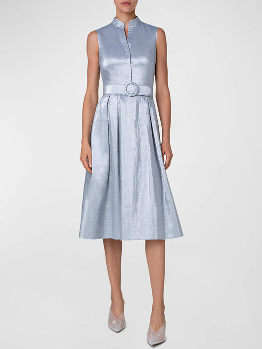 Akris Punto Metallic Cotton Belted Midi Dress in Silver Blue with a metallic sheen, featuring a mid-length skirt and waist belt on a mannequin.