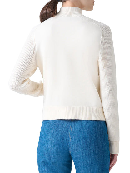 A person is shown from the back wearing blue jeans with zip pockets and the Akris Punto Rib-Knit Wool Zip Cardigan in Cream.