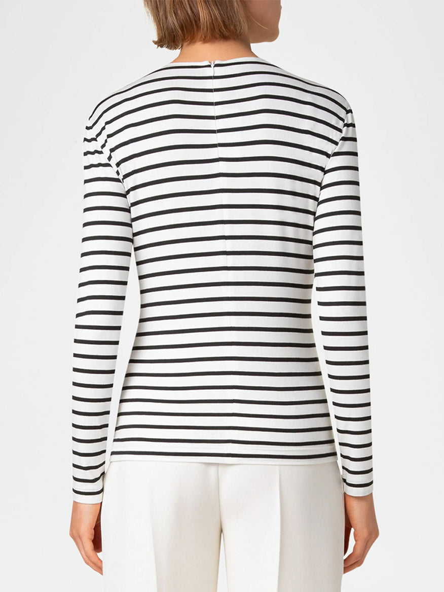 In a plain setting, a person is seen from behind wearing the Akris Punto Sailor Stripes Crew in Cream/Black, crafted from stretchy jersey fabric, paired with white pants.