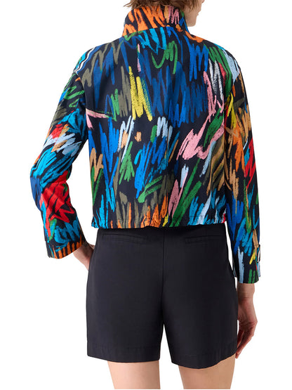 Person wears the Akris Punto Scribble Print Drawstring Jacket in Black Multi with black shorts, shown from the back against a white background.