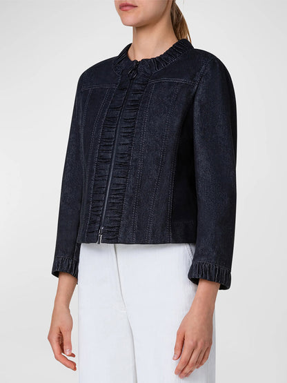 Akris Punto Ruched-Edge Denim Short Jacket in Black with ruffles and ruched edges.