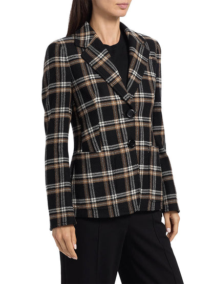 A woman wears an Akris Punto Tweed Plaid Structured Blazer in Black/Camel/Cream over a black top and black pants, shown from the waist up.