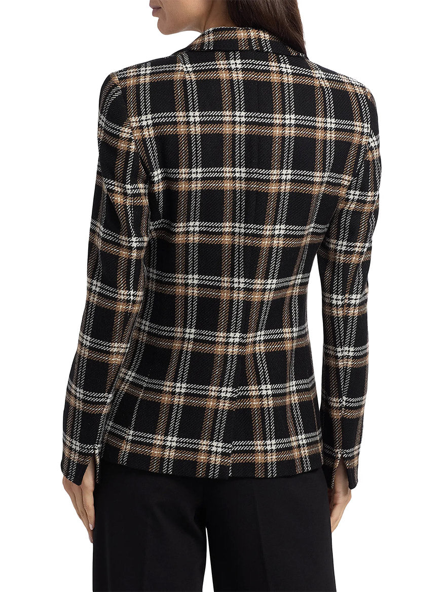Person seen from the back wearing an Akris Punto Tweed Plaid Structured Blazer in Black/Camel/Cream with long sleeves.
