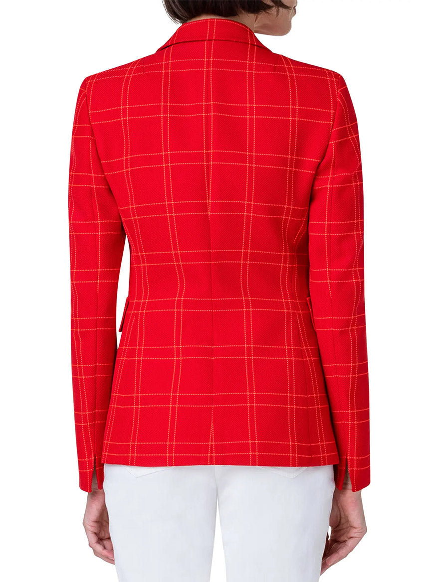 The back view of a woman wearing the Akris Punto Window Check Blazer in Red.