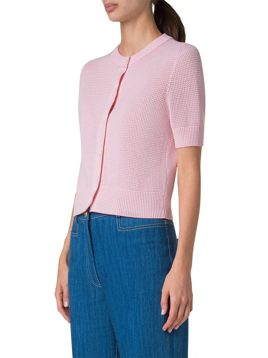 Akris Punto Short Sleeve Merino Wool Crop Cardigan in Pale Pink/Cream