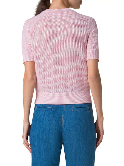 Akris Punto Short Sleeve Merino Wool Crop Cardigan in Pale Pink/Cream