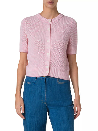 Akris Punto Short Sleeve Merino Wool Crop Cardigan in Pale Pink/Cream