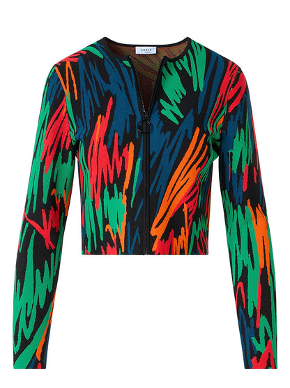 The Akris Punto Scribble Jacquard Cardigan in Black Multi is a long-sleeve, cropped jacket with a bold, crayon-scribbled print in vibrant hues and a front zipper closure.