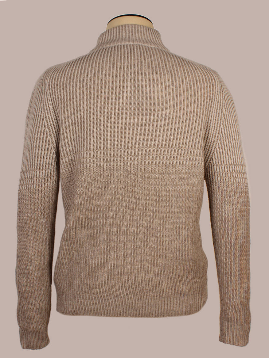 Maurizio Baldassari 4-Button Mock Neck Vanisé Stitch Sweater in Shade, crafted in Italy from premium cashmere wool, displayed on a mannequin from the back with ribbed detailing on the upper half and sleeves.