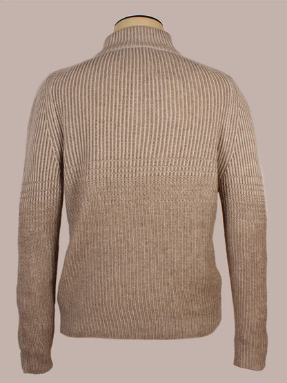 Maurizio Baldassari 4-Button Mock Neck Vanisé Stitch Sweater in Shade, crafted in Italy from premium cashmere wool, displayed on a mannequin from the back with ribbed detailing on the upper half and sleeves.