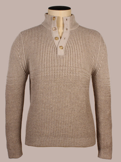 Maurizio Baldassari 4-Button Mock Neck Vanisé Stitch Sweater in Shade, featuring a ribbed knit design and high buttoned collar, is showcased on a mannequin against a plain background.