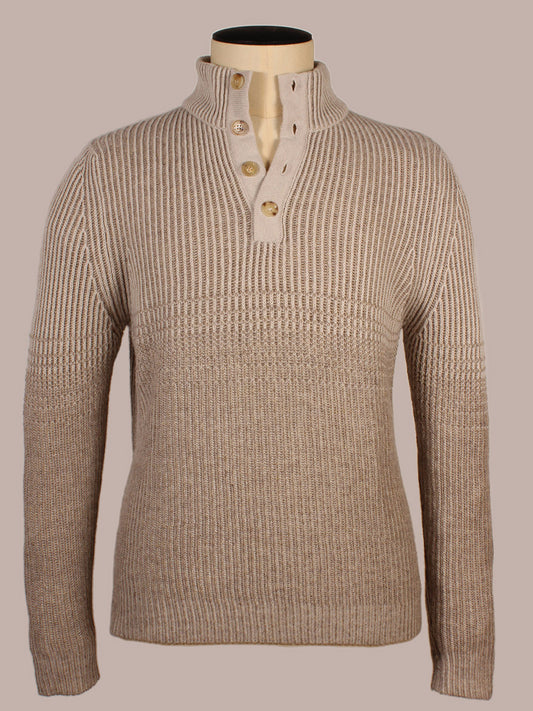 Maurizio Baldassari 4-Button Mock Neck Vanisé Stitch Sweater in Shade, featuring a ribbed knit design and high buttoned collar, is showcased on a mannequin against a plain background.