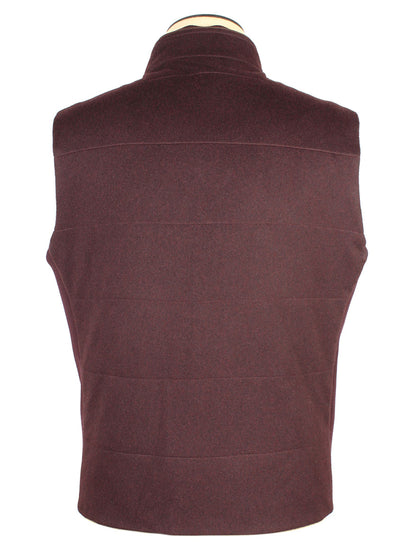 Back view of a plum sleeveless vest with a high collar, shown on a mannequin. This Maurizio Baldassari Arena Vest with Knit Sides, made in Italy, features Thermore padding for enhanced warmth.