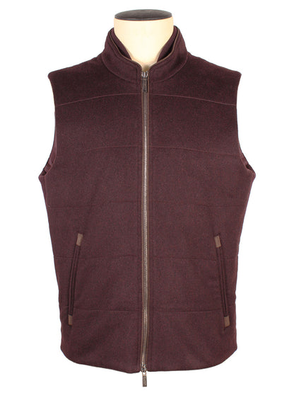 The Maurizio Baldassari Arena Vest with Knit Sides in Plum, made in Italy, features a sleeveless design with a stand-up collar and a full front zipper. It includes two pockets with zipper closures and is crafted from fleece or a similar fabric for added warmth.