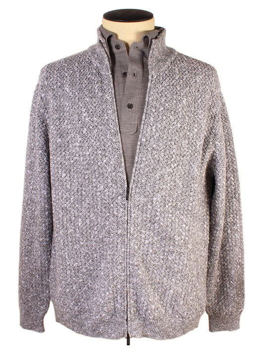 The Maurizio Baldassari Bolla Stitch Mouline Zip Swacket in Grey Mix, exhibited on a mannequin, features a textured blend of gray and white Tasmanian wool. A partially visible matching shirt underneath complements the relaxed luxury and provides both style and comfort.