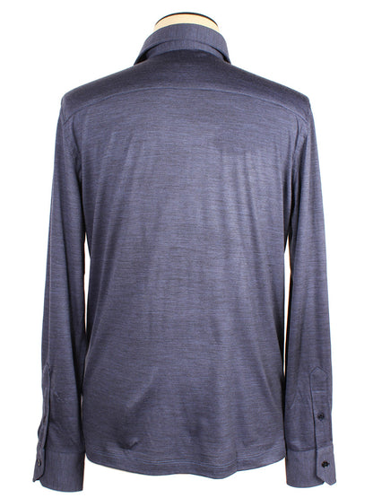 A rear view of the Maurizio Baldassari 3-Button Long Sleeve Polo in Blue Stone made from luxurious Merino wool on a mannequin.