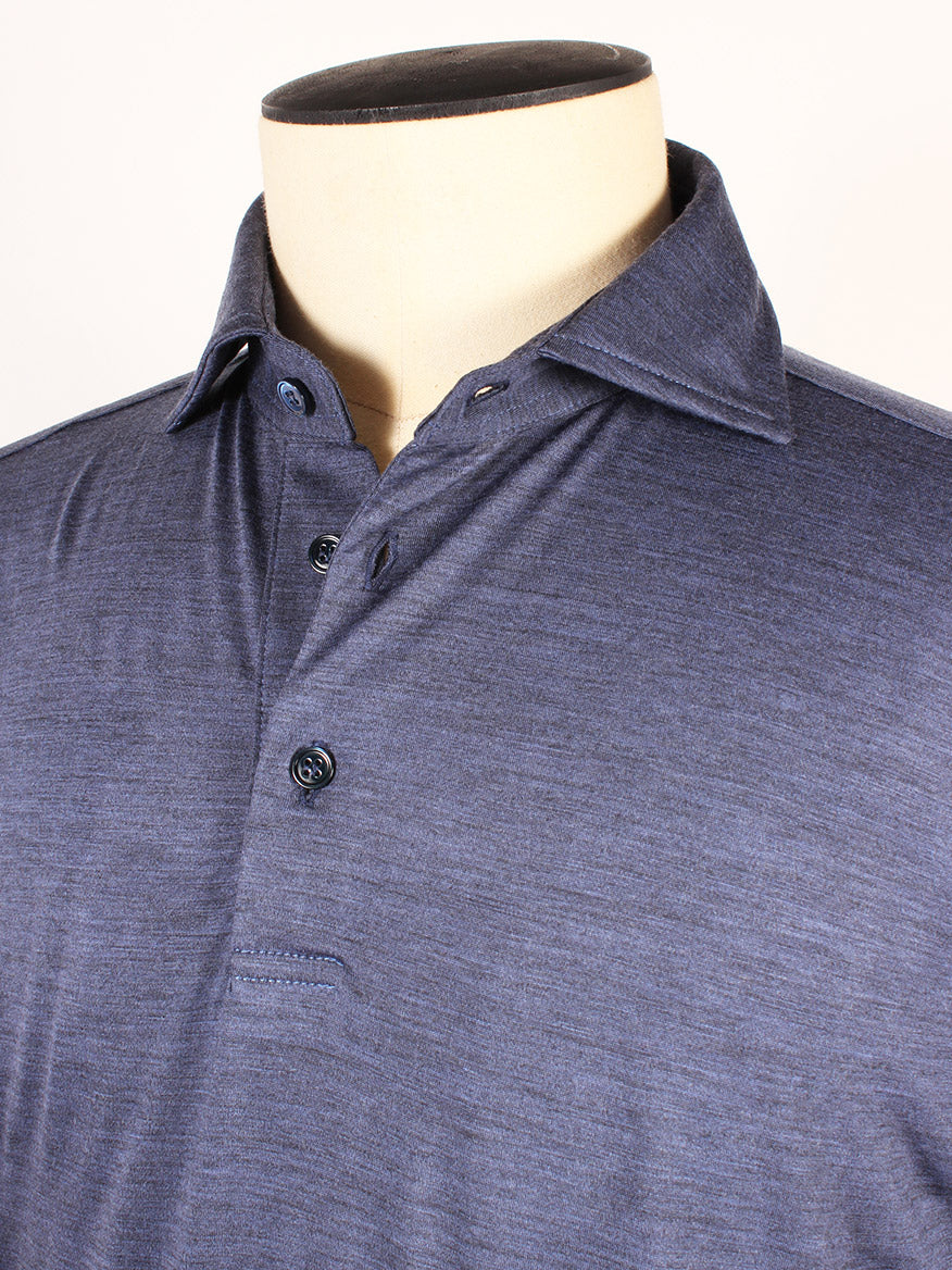 Mannequin dressed in a Maurizio Baldassari 3-Button Long Sleeve Polo in Blue Stone, made in Italy.