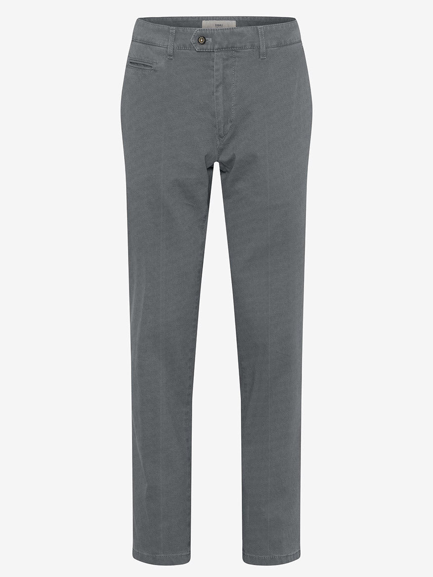 The Brax Everest Flat Front Stretch Pants in Graphit are displayed against a plain background, featuring a regular fit and crafted from comfortable cotton stretch fabric, making them a versatile wardrobe staple.