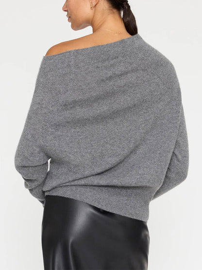 A person wearing a Brochu Walker Lori Off Shoulder Sweater in Flint Melange and a black skirt is turned to the side.