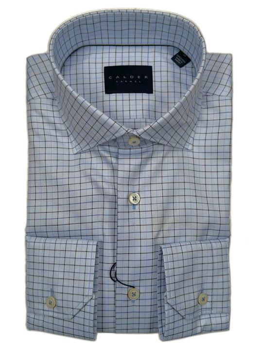 A luxurious Calder Carmel Newport-Ulysses Luxe Herringbone Sport Shirt in Light Blue Check with a soft feel, featuring a blue and white check pattern on a white background.