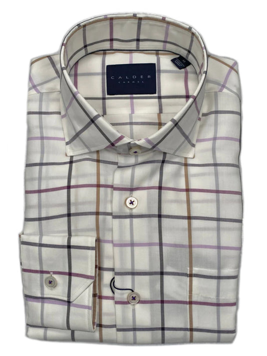 Calder Carmel Newport-Ulysses Luxe Peached Flannel Sport Shirt in White/Purple Windowpane