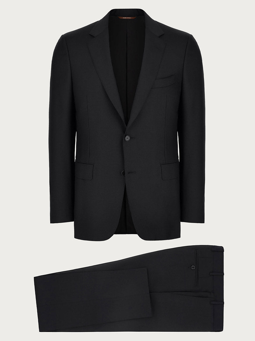 A Canali Siena Contemporary Black Wool Suit with a single-breasted jacket and matching trousers, displayed against a solid grey background.